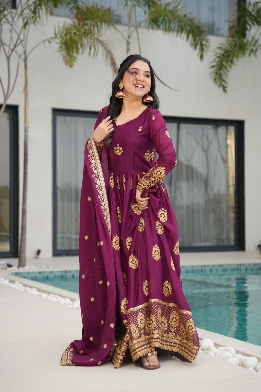 Premium Star Georgette Embroidered Gown with Dupatta