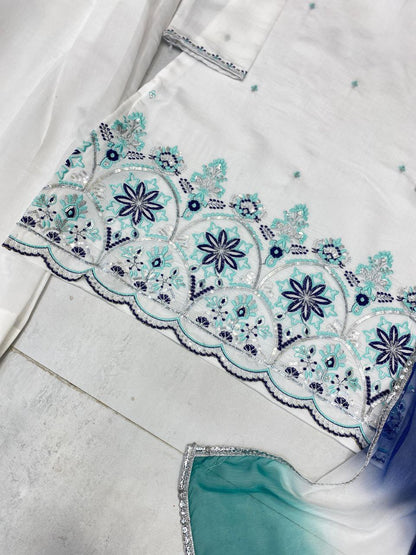 Designer Farsi Salwar Suit in Roman Silk with Sequin Embroidery & Silver Siffon Dupatta