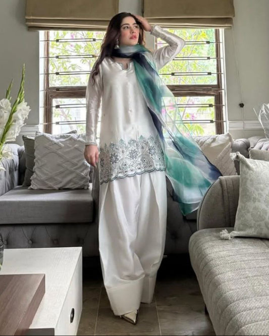 Designer Farsi Salwar Suit in Roman Silk with Sequin Embroidery & Silver Siffon Dupatta