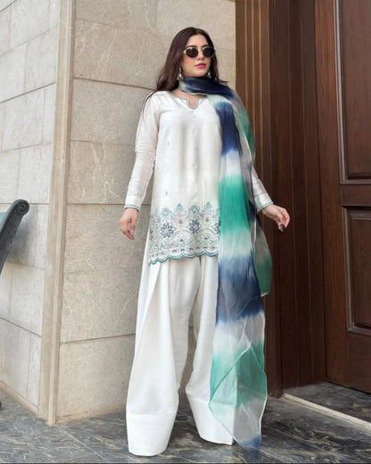 Designer Farsi Salwar Suit in Roman Silk with Sequin Embroidery & Silver Siffon Dupatta