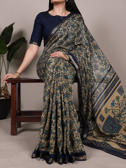 Chanderi Cotton Saree – Digital Print with Zari Weaving Work & Unstitched Blouse