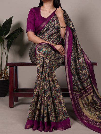 Chanderi Cotton Saree – Digital Print with Zari Weaving Work & Unstitched Blouse