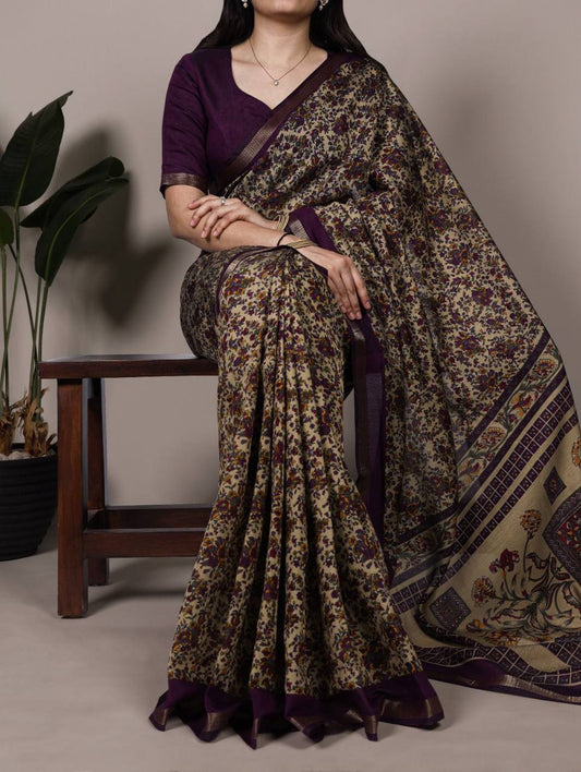 Chanderi Cotton Saree – Digital Print with Zari Weaving Work & Unstitched Blouse