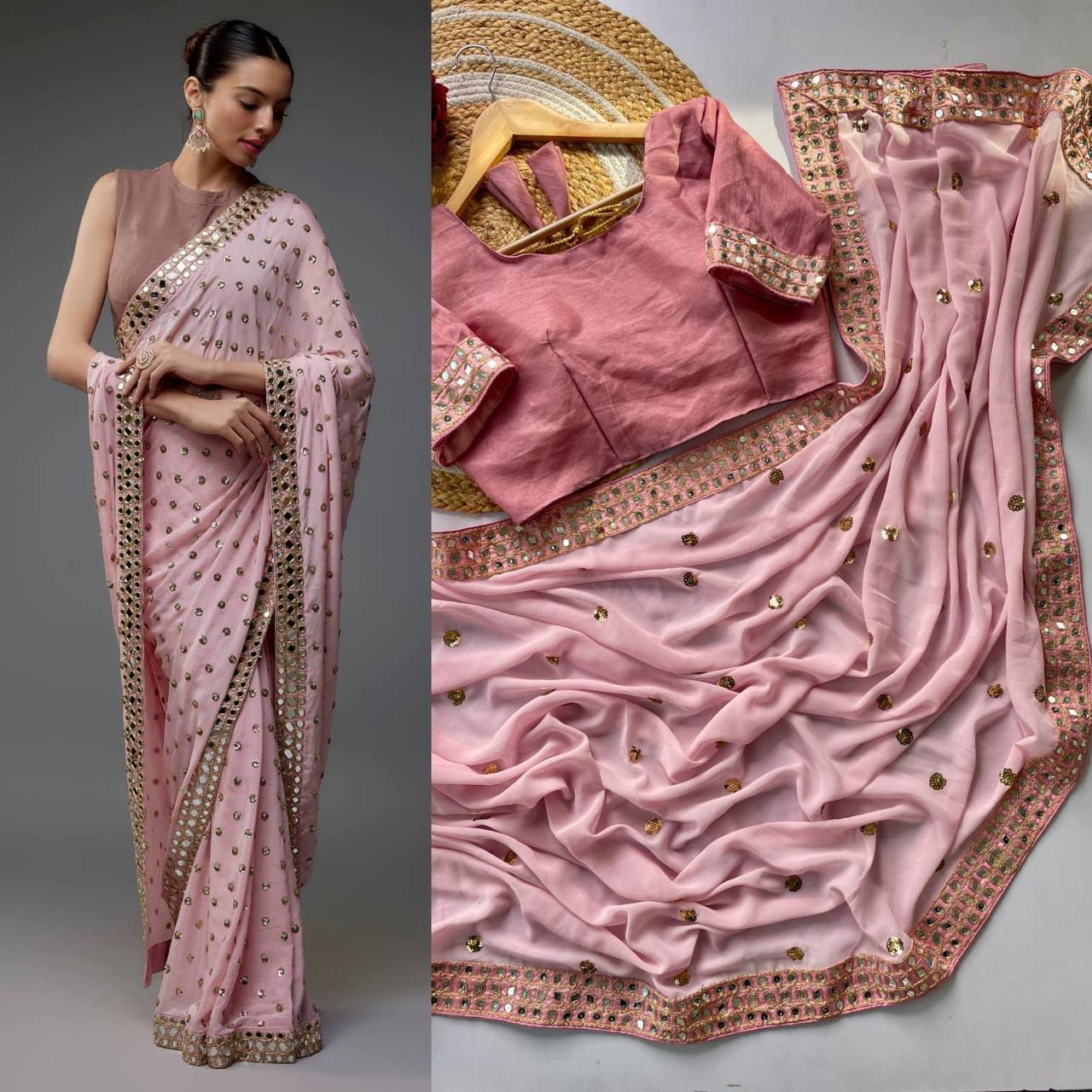 Bollywood Blockbuster Faux Georgette Saree – Heavy Sequins Butti Work