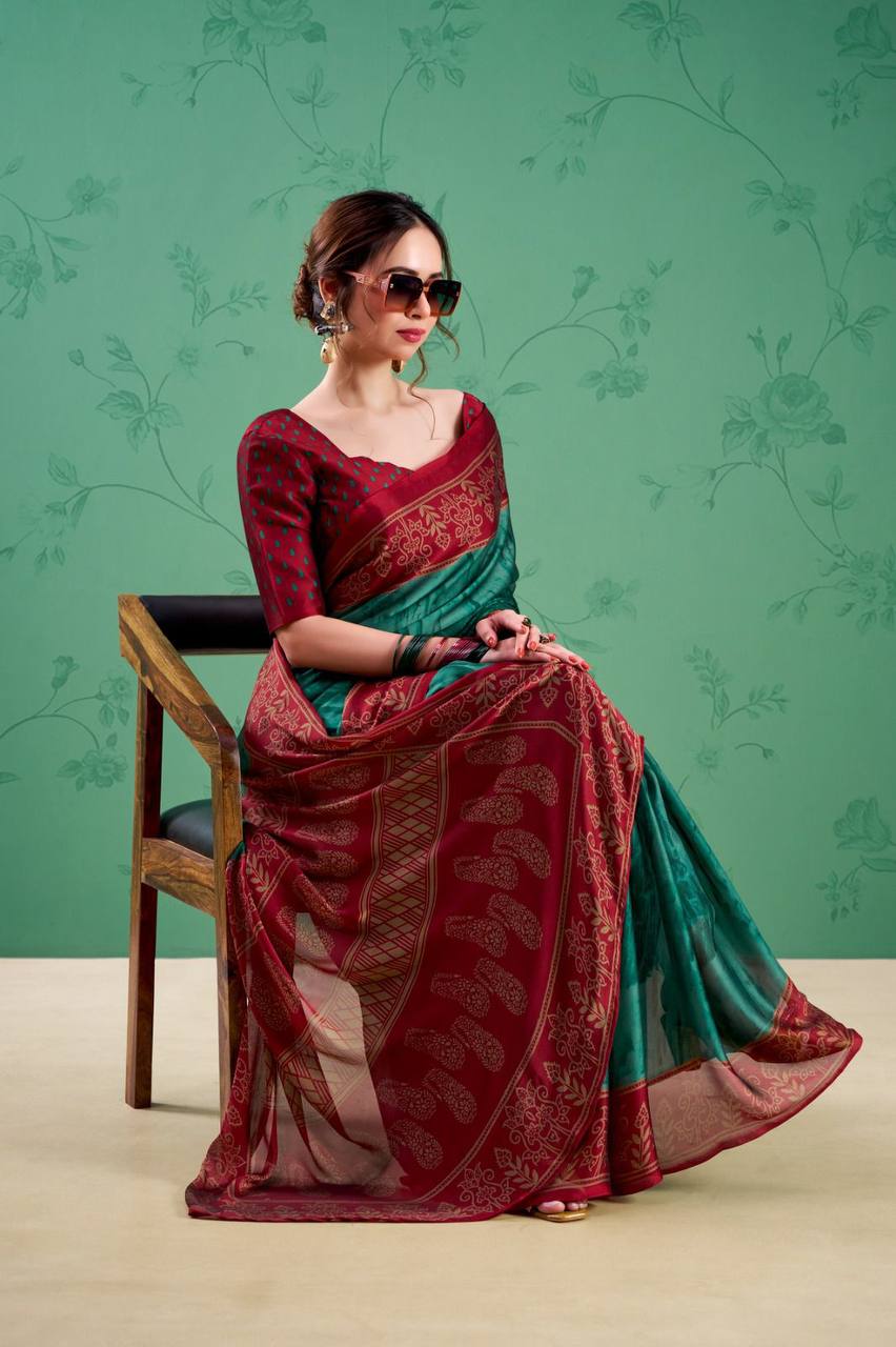 Rangoli Silk Saree – Printed Design with Elegant Borders & Unstitched Blouse