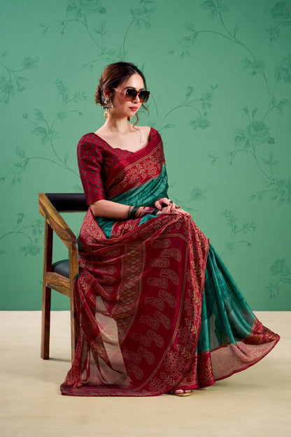 Rangoli Silk Saree – Printed Design with Elegant Borders & Unstitched Blouse