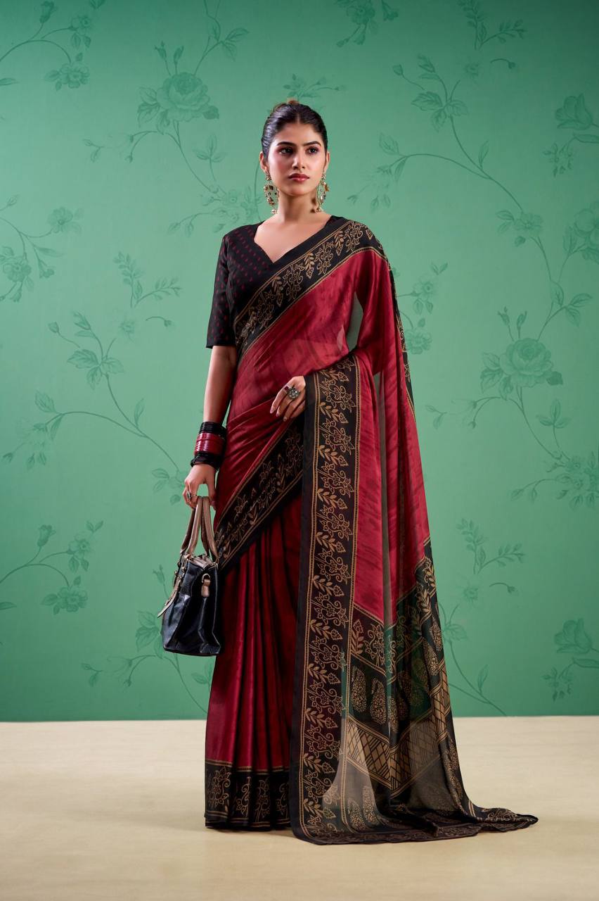 Rangoli Silk Saree – Printed Design with Elegant Borders & Unstitched Blouse