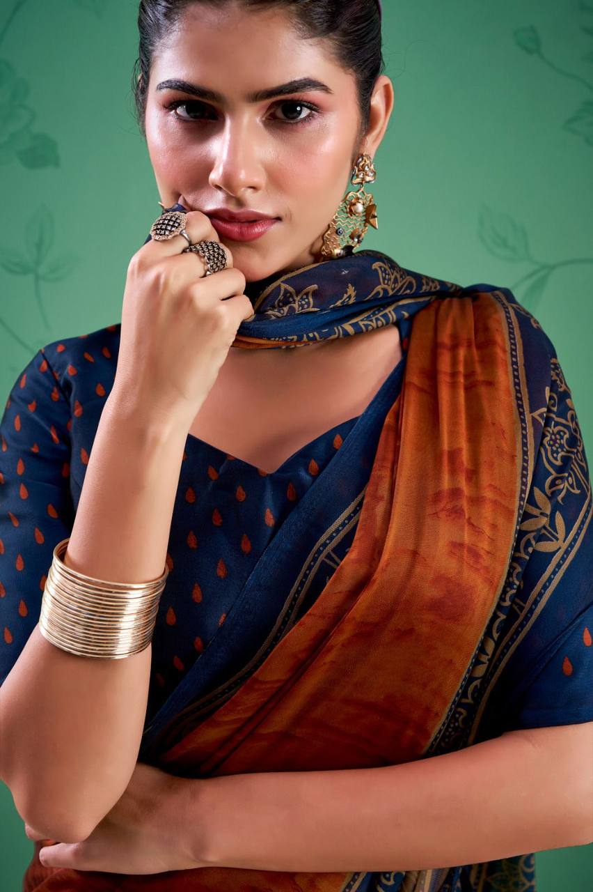 Rangoli Silk Saree – Printed Design with Elegant Borders & Unstitched Blouse