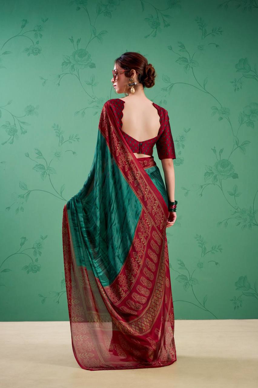Rangoli Silk Saree – Printed Design with Elegant Borders & Unstitched Blouse