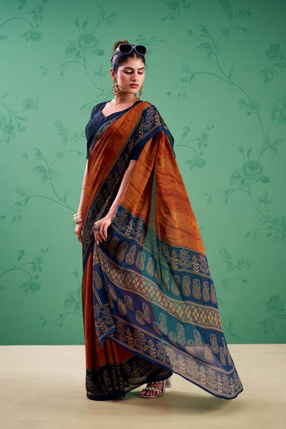 Rangoli Silk Saree – Printed Design with Elegant Borders & Unstitched Blouse