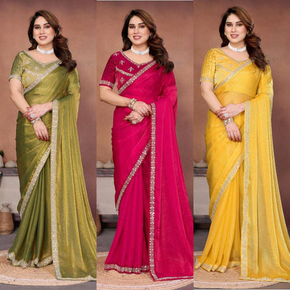Party Wear Fendy Chiffon Saree – Beads Embroidery Lace Border