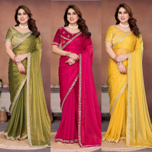 Party Wear Fendy Chiffon Saree – Beads Embroidery Lace Border