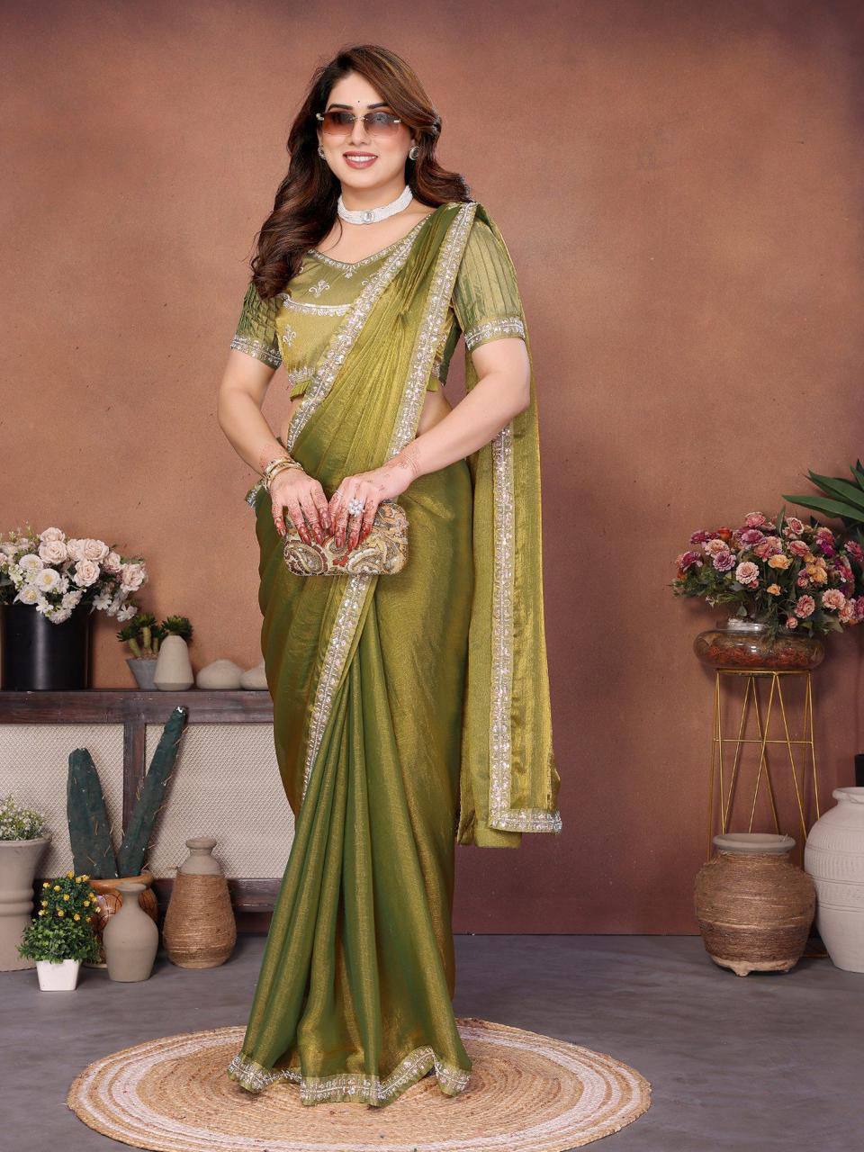 Party Wear Fendy Chiffon Saree – Beads Embroidery Lace Border