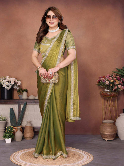 Party Wear Fendy Chiffon Saree – Beads Embroidery Lace Border