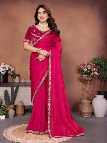 Party Wear Fendy Chiffon Saree – Beads Embroidery Lace Border