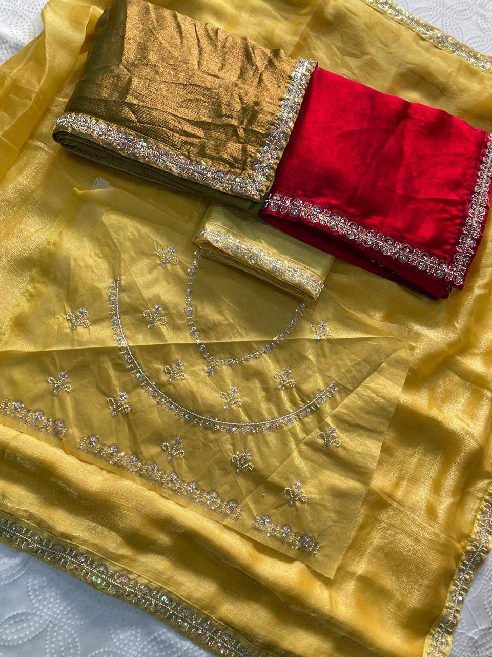 Party Wear Fendy Chiffon Saree – Beads Embroidery Lace Border