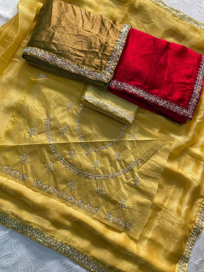 Party Wear Fendy Chiffon Saree – Beads Embroidery Lace Border