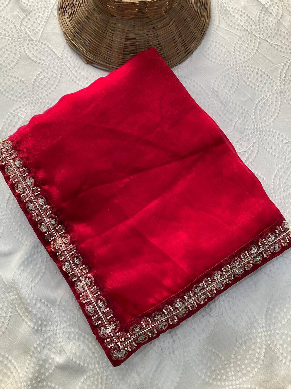 Party Wear Fendy Chiffon Saree – Beads Embroidery Lace Border