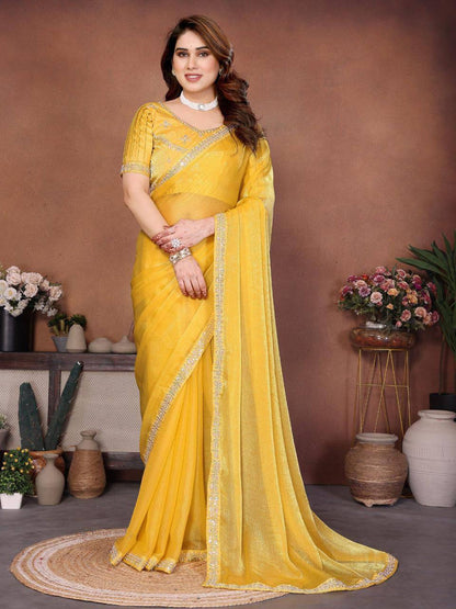 Party Wear Fendy Chiffon Saree – Beads Embroidery Lace Border