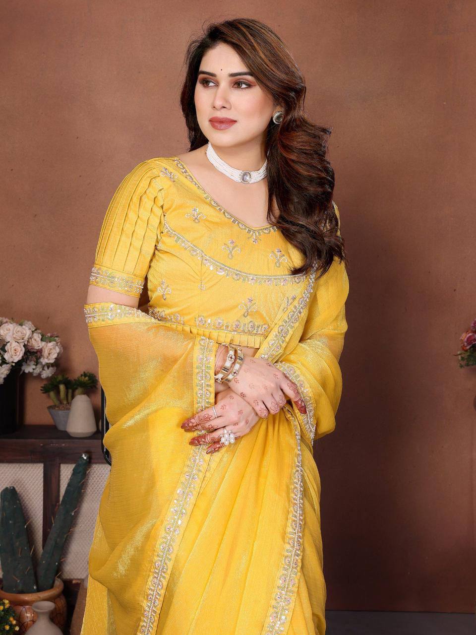 Party Wear Fendy Chiffon Saree – Beads Embroidery Lace Border