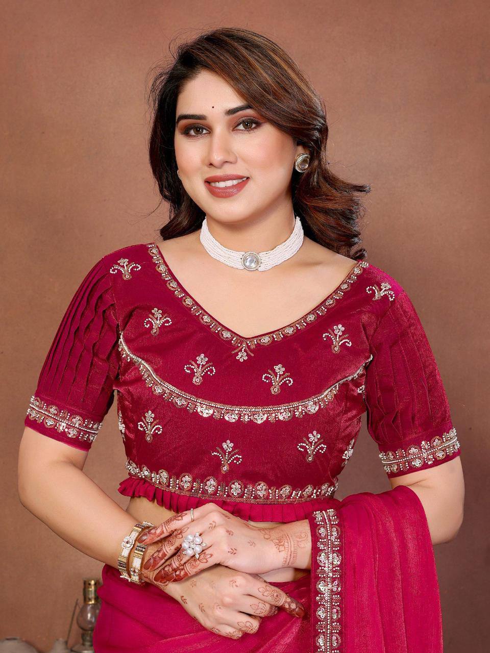 Party Wear Fendy Chiffon Saree – Beads Embroidery Lace Border