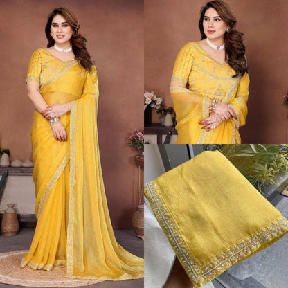 Party Wear Fendy Chiffon Saree – Beads Embroidery Lace Border