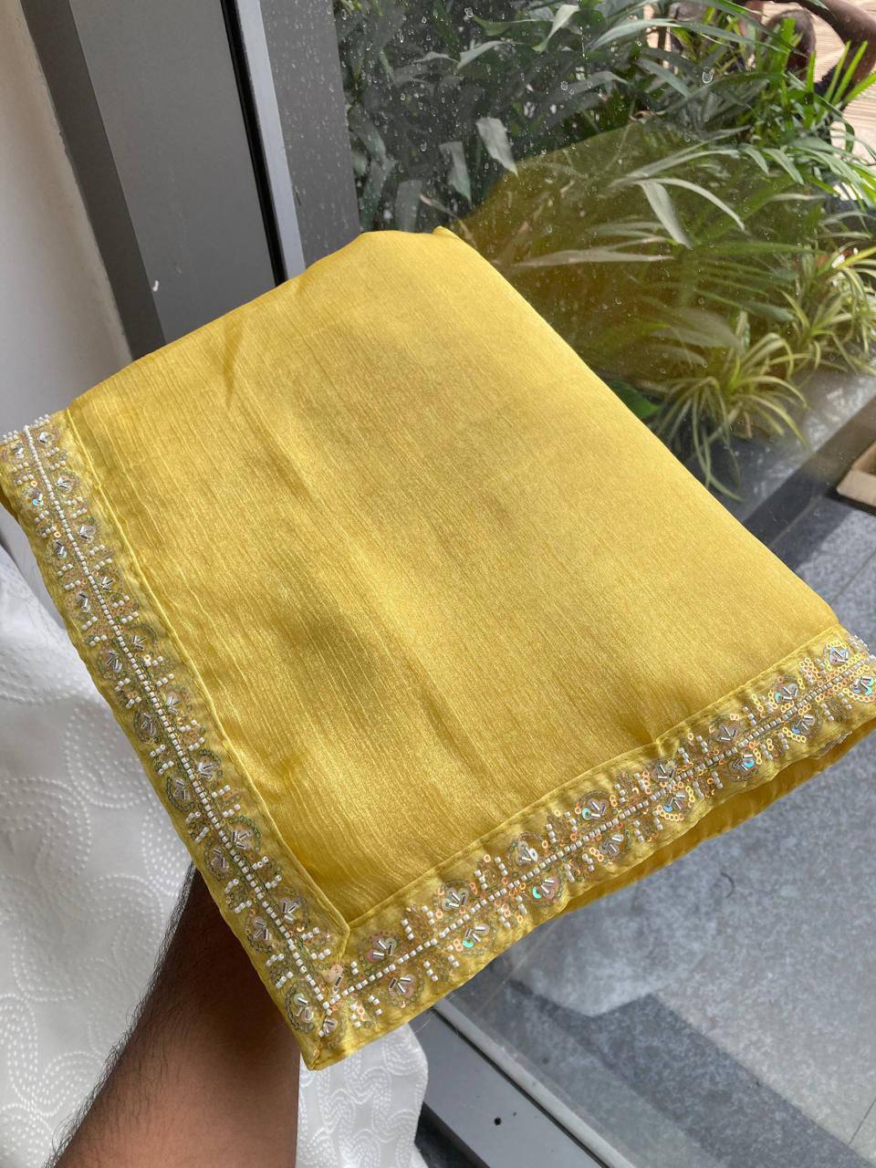 Party Wear Fendy Chiffon Saree – Beads Embroidery Lace Border