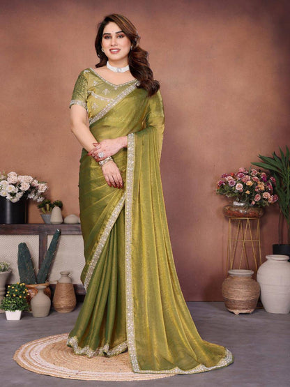 Party Wear Fendy Chiffon Saree – Beads Embroidery Lace Border
