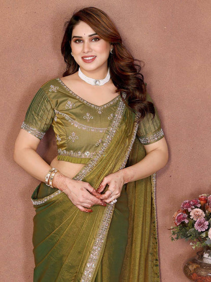 Party Wear Fendy Chiffon Saree – Beads Embroidery Lace Border