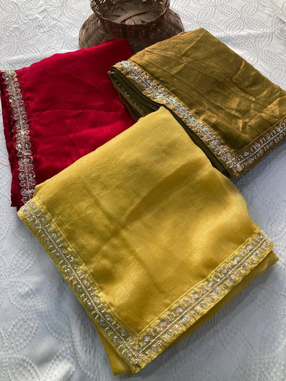 Party Wear Fendy Chiffon Saree – Beads Embroidery Lace Border