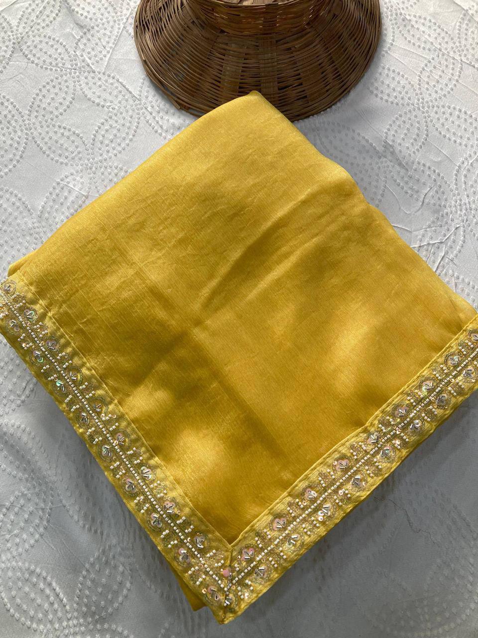 Party Wear Fendy Chiffon Saree – Beads Embroidery Lace Border