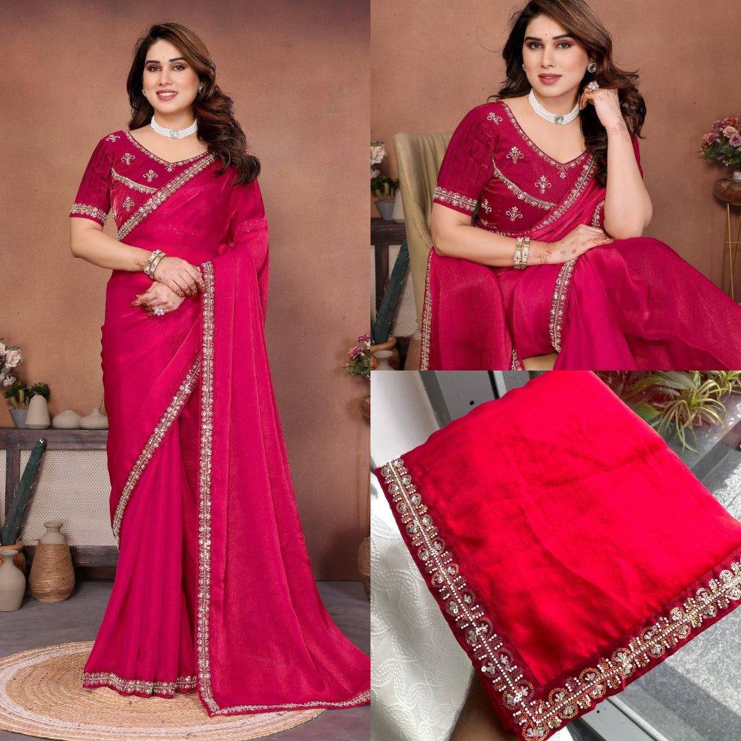 Party Wear Fendy Chiffon Saree – Beads Embroidery Lace Border