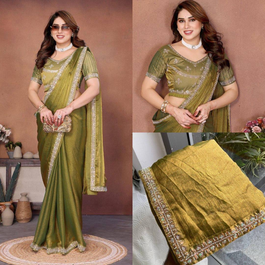 Party Wear Fendy Chiffon Saree – Beads Embroidery Lace Border