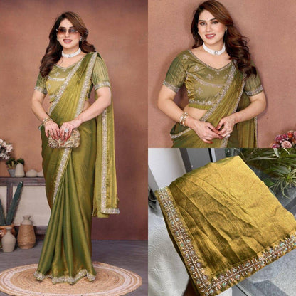 Party Wear Fendy Chiffon Saree – Beads Embroidery Lace Border