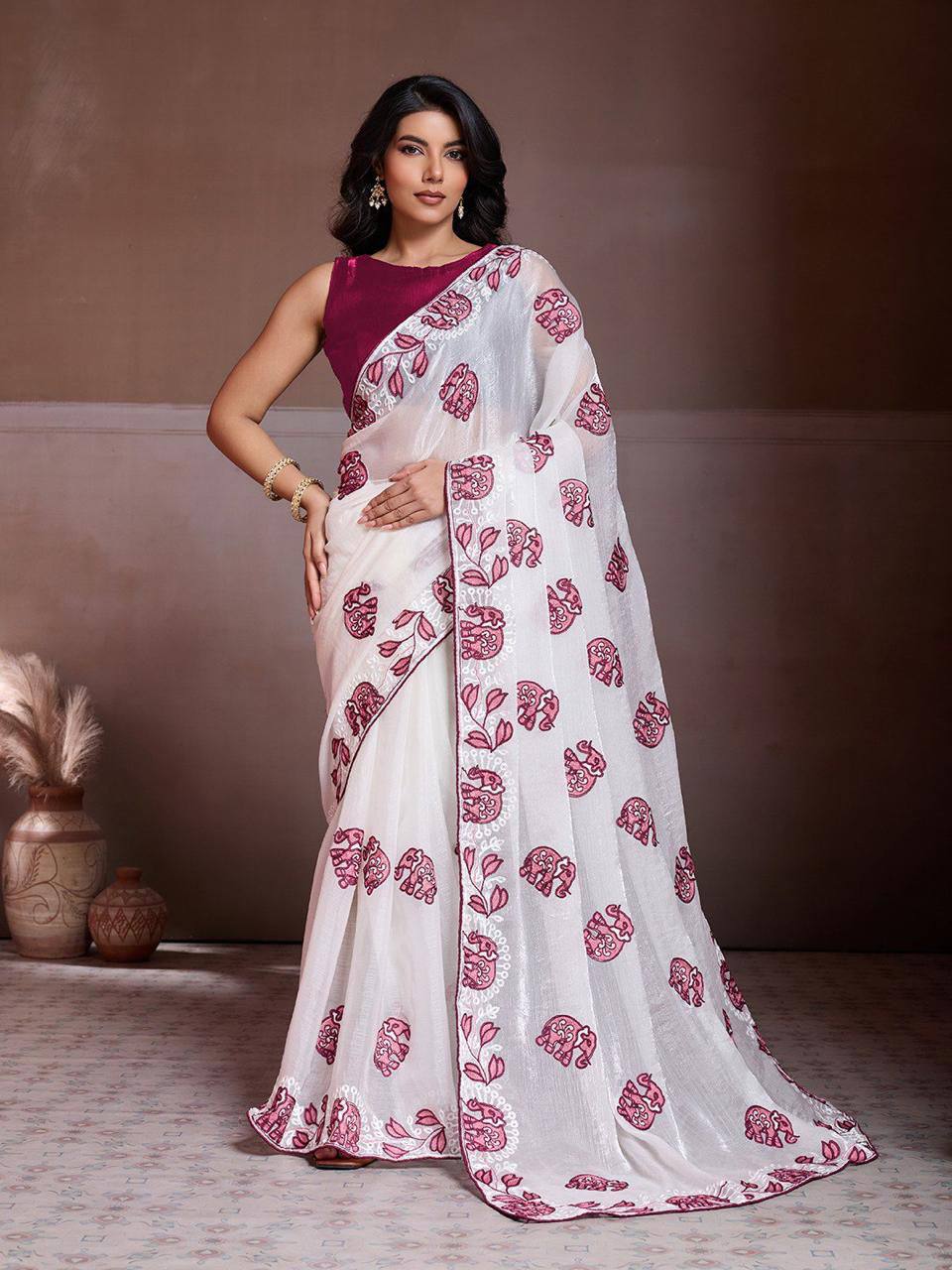 Party Wear Fendy Chiffon Saree – C‑Pallu Embroidery Butti