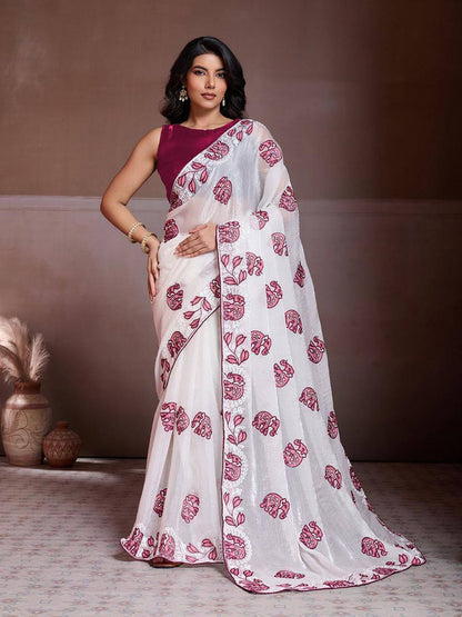 Party Wear Fendy Chiffon Saree – C‑Pallu Embroidery Butti