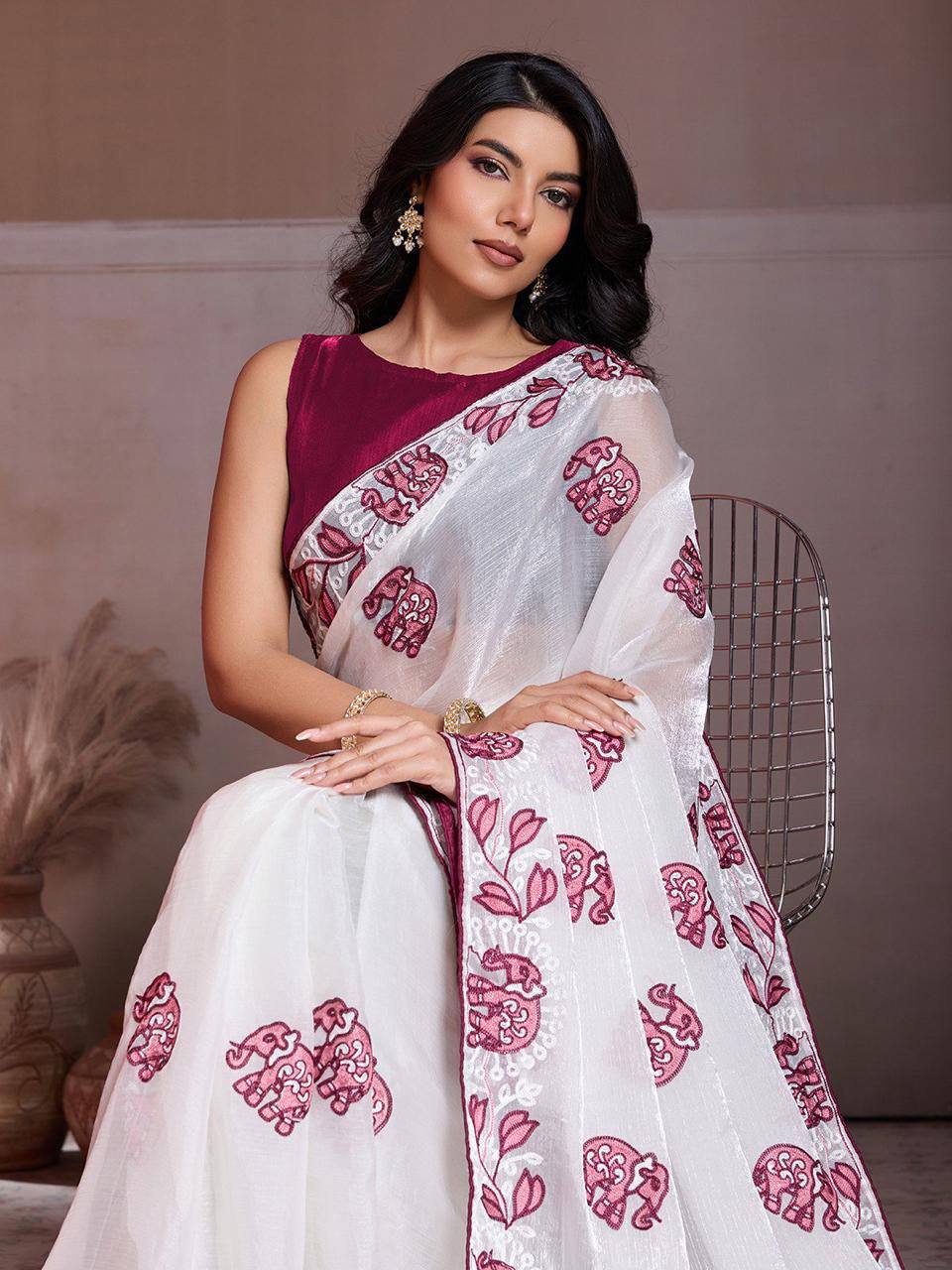 Party Wear Fendy Chiffon Saree – C‑Pallu Embroidery Butti