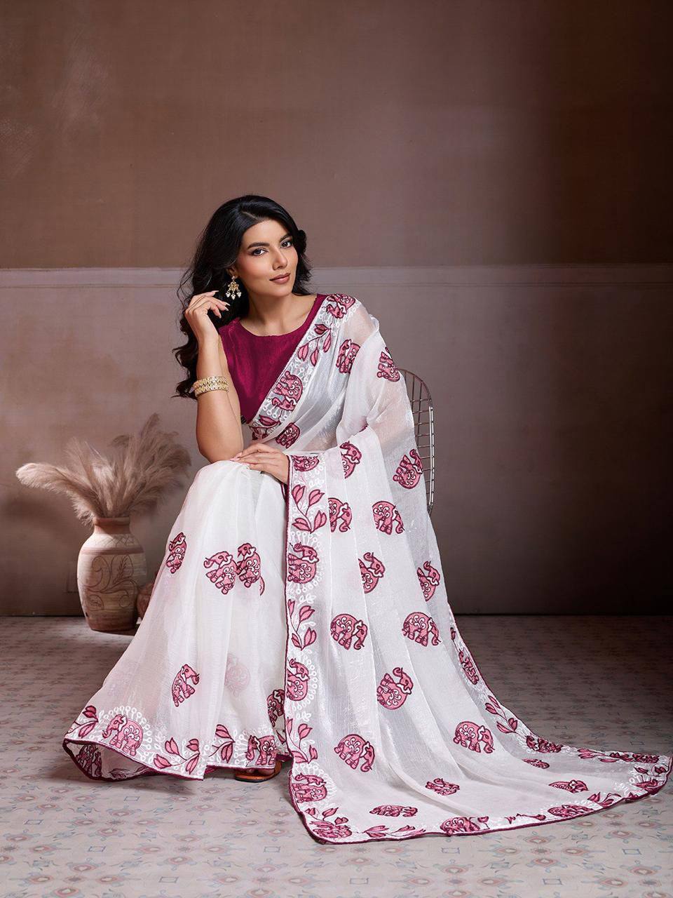 Party Wear Fendy Chiffon Saree – C‑Pallu Embroidery Butti