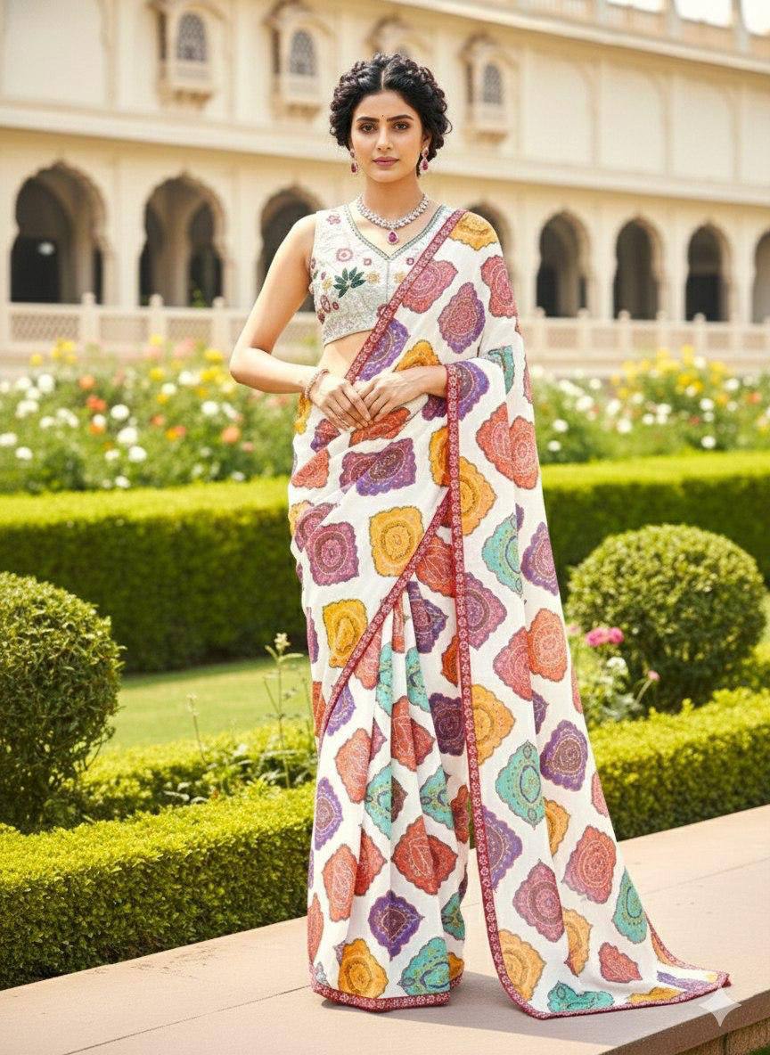 Wedding Wear Georgette Saree – Bandhej Print with Cutwork Lace Border