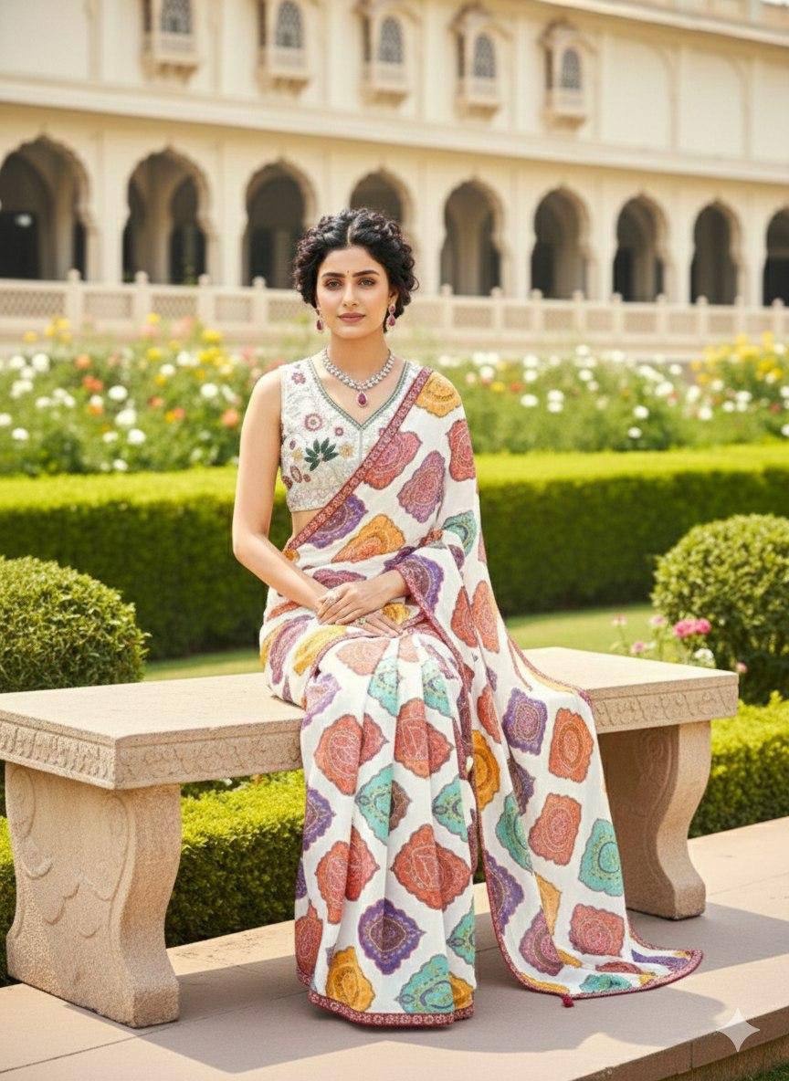 Wedding Wear Georgette Saree – Bandhej Print with Cutwork Lace Border