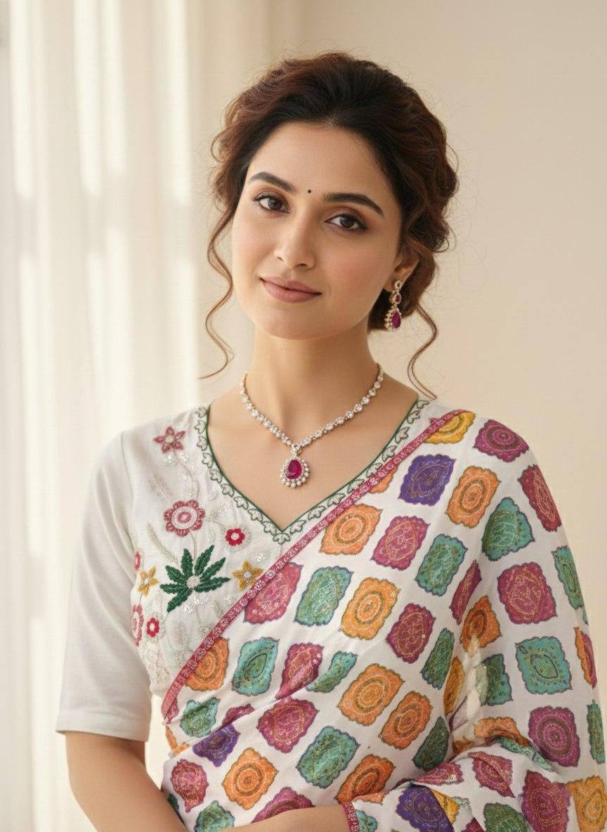 Wedding Wear Georgette Saree – Bandhej Print with Cutwork Lace Border