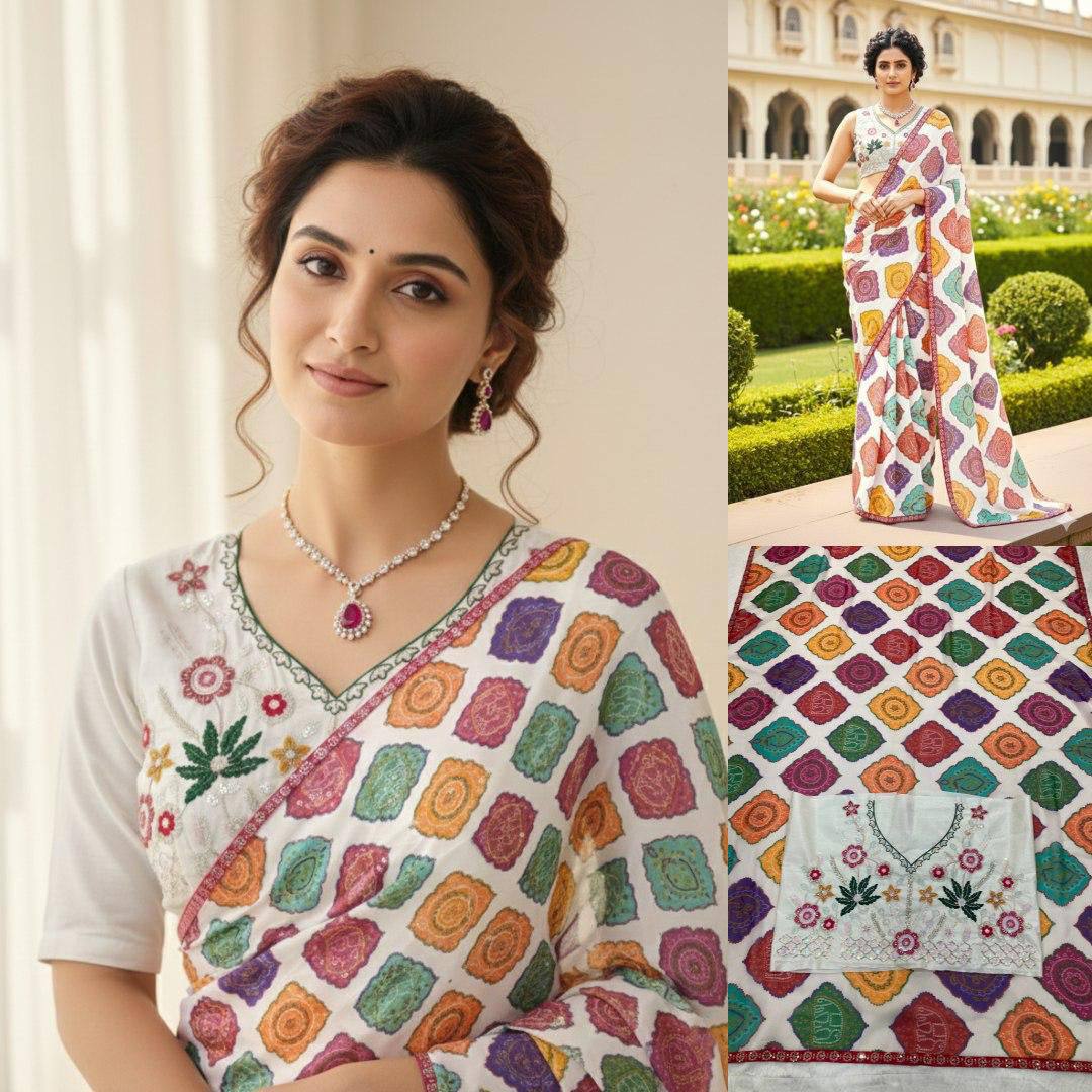 Wedding Wear Georgette Saree – Bandhej Print with Cutwork Lace Border