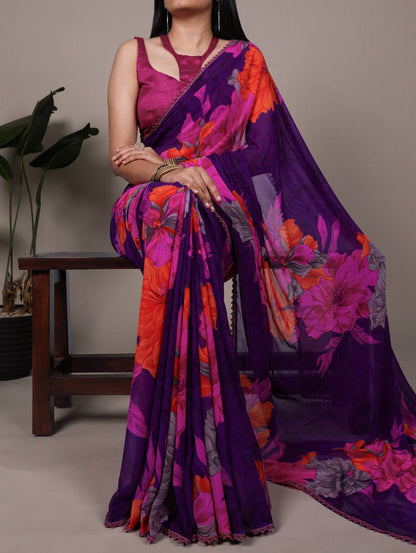 Weightless Marble Texture Saree – Floral Print with Lace Border & Banglori Blouse