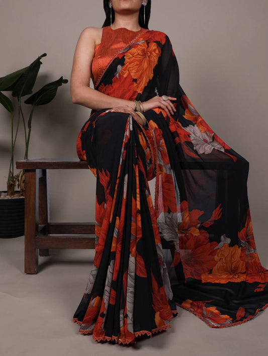 Weightless Marble Texture Saree – Floral Print with Lace Border & Banglori Blouse