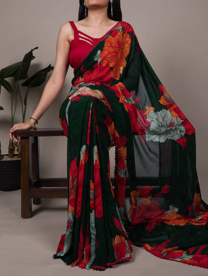 Weightless Marble Texture Saree – Floral Print with Lace Border & Banglori Blouse