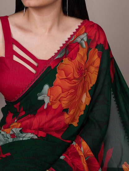 Weightless Marble Texture Saree – Floral Print with Lace Border & Banglori Blouse