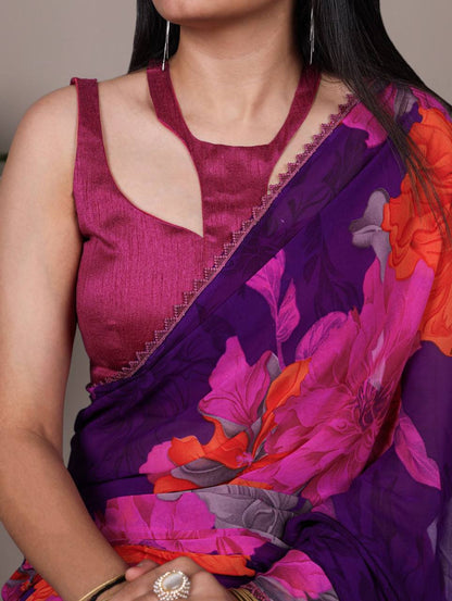 Weightless Marble Texture Saree – Floral Print with Lace Border & Banglori Blouse