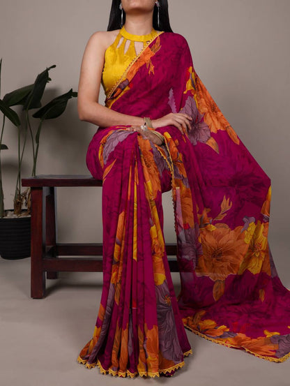 Weightless Marble Texture Saree – Floral Print with Lace Border & Banglori Blouse