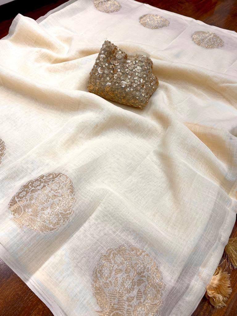 Kerala Linen Saree – Woven Zari Jacquard Design with Cotton Tassels