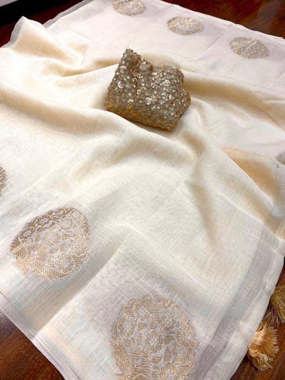 Kerala Linen Saree – Woven Zari Jacquard Design with Cotton Tassels